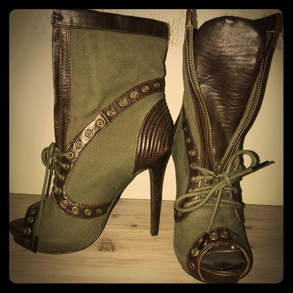 olive green open toe booties